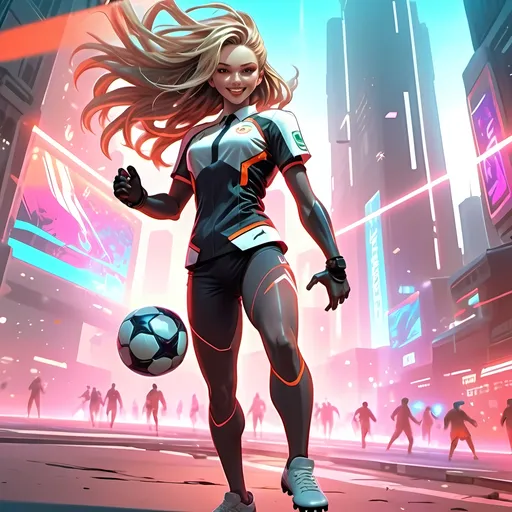 Prompt: Anime cyberpunk style, a soccer celebrity star clad in suit, holding a soccer ball, HD, wirh a wry smile and a confident gait