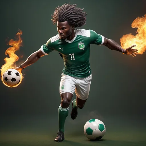 Prompt: A hyper realistic Nigerian male  footballer character who kicked a ball, and fire followed the ball, fantasy character art, illustration, Hd, his hair swaying in the wind 