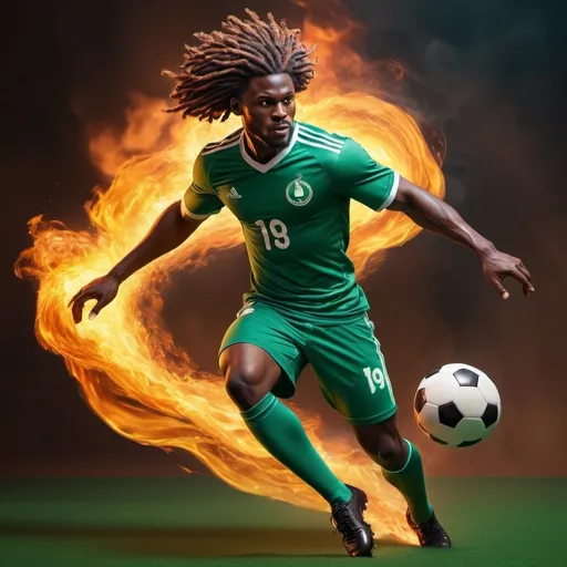 Prompt: A hyper realistic Nigerian male  footballer character who kicked a ball, and fire followed the ball, fantasy character art, illustration, Hd, his hair swaying in the wind 