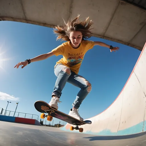 Prompt: (young female skateboarder), ultra realistic 4k dynamic pose, in air doing somersault, urban skatepark setting, vibrant and energetic atmosphere, bright sunlight, blue sky, looking down at skateboard, cool tones with bold pops of colour, detailed clothing featuring trendy skate gear, focused expression highlighting determination, resin-soaked skateboard in action, high quality, ultra-detailed, action-packed composition capturing motion and youthful spirit, motion blur