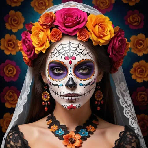 Prompt: (beautiful female face with Day of the Dead makeup), vibrant colors, intricate sugar skull designs, expressive features, captivating eyes, rich cultural symbolism, festive ambiance, bold floral decorations, a blend of tradition and artistry, high contrast lighting, detailed textures, ultra-detailed, cinematic depth, enveloped in a warm, celebratory atmosphere.