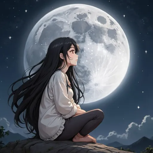 Prompt: Anime girl with long black hair and sitting in front of a full moon gazing up into the stars