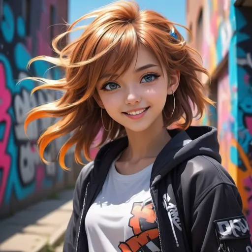 Prompt: (detailed anime character), cool teen girl, sparkling eyes, stylish outfit with unique accessories, vibrant colors, flawless complexion, confident pose, expressive facial features, engaging smile, dynamic hair movement, set against an urban backdrop, graffiti-covered wall, bright sunlight casting dramatic shadows, (4K resolution), ultra-detailed, captivating and youthful atmosphere.
