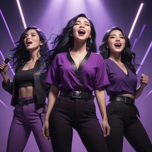 Prompt: 3 woman with long black hair wearing a purple top and black pants with a black belt and a purple top with a black belt, Fan Qi, synchromism, purple, concept art they are singing and look all slightly different