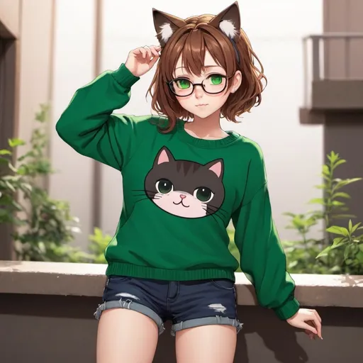 Prompt: Anime girl with green jumper and shorts and cat ears with brown hair and glasses