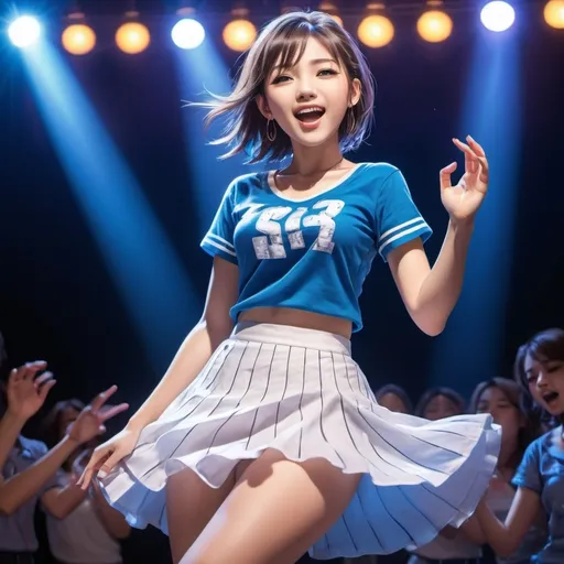 Prompt: Manga style girl wearing blue and white top and skirt outfit on a stage singing