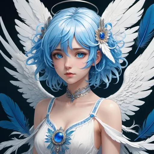 Prompt: a anime girl with blue hair and blue eyes wearing a white dress and blue wings with blue feathers on her head, Ai-Mitsu, rayonism, official art, a detailed drawing
