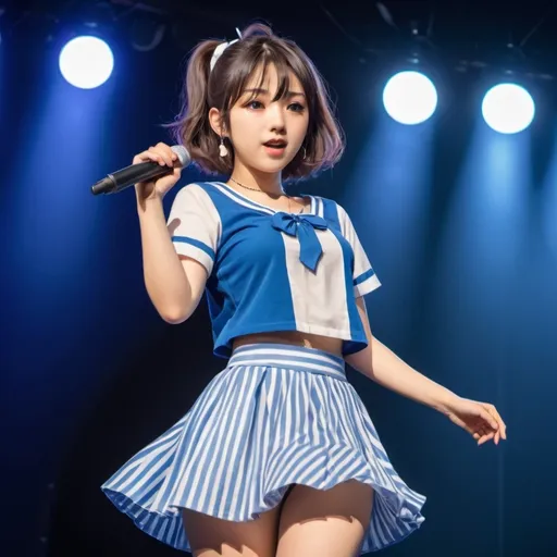 Prompt: Manga style girl wearing blue and white top and skirt outfit on a stage singing