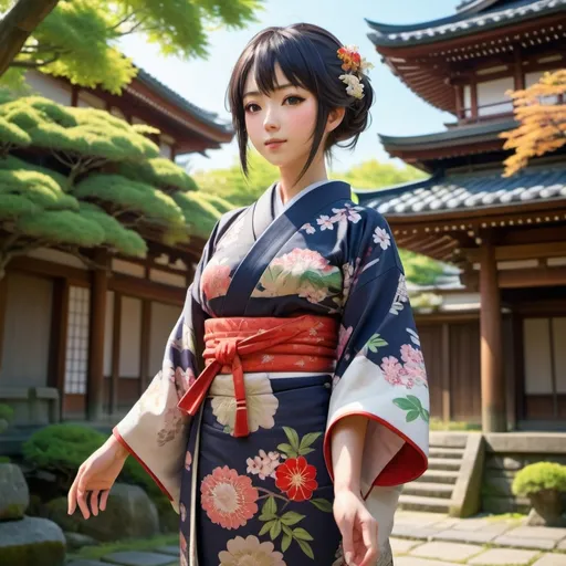 Prompt: Anime girl wearing ancient kimono in front of an ancient japenese building