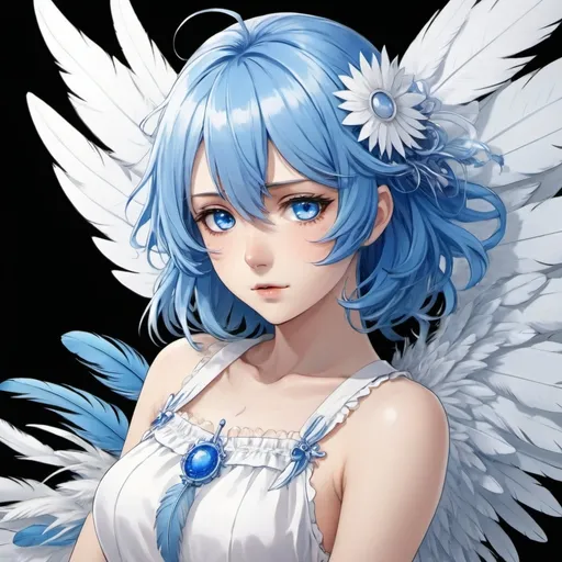 Prompt: a anime girl with blue hair and blue eyes wearing a white dress and blue wings with blue feathers on her head, Ai-Mitsu, rayonism, official art, a detailed drawing