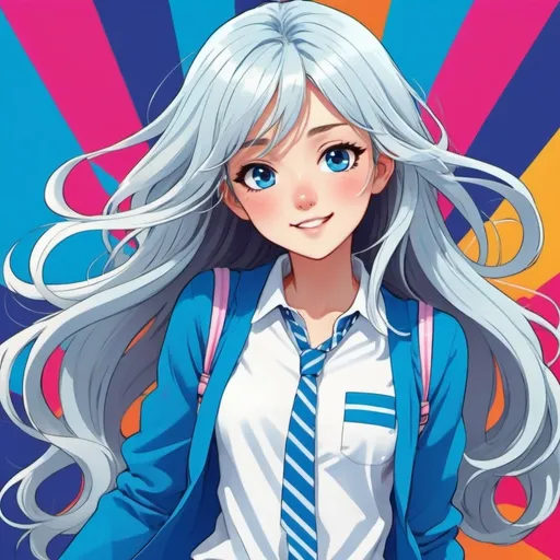 Prompt: Manga style girl wearing blue and white preppy outfit