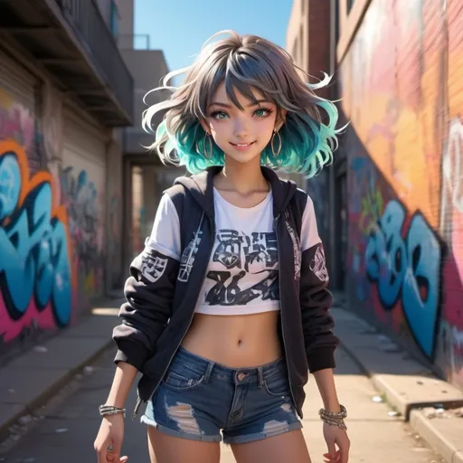 Prompt: (detailed anime character), cool teen girl, sparkling eyes, stylish outfit with unique accessories, vibrant colors, flawless complexion, confident pose, expressive facial features, engaging smile, dynamic hair movement, set against an urban backdrop, graffiti-covered wall, bright sunlight casting dramatic shadows, (4K resolution), ultra-detailed, captivating and youthful atmosphere.