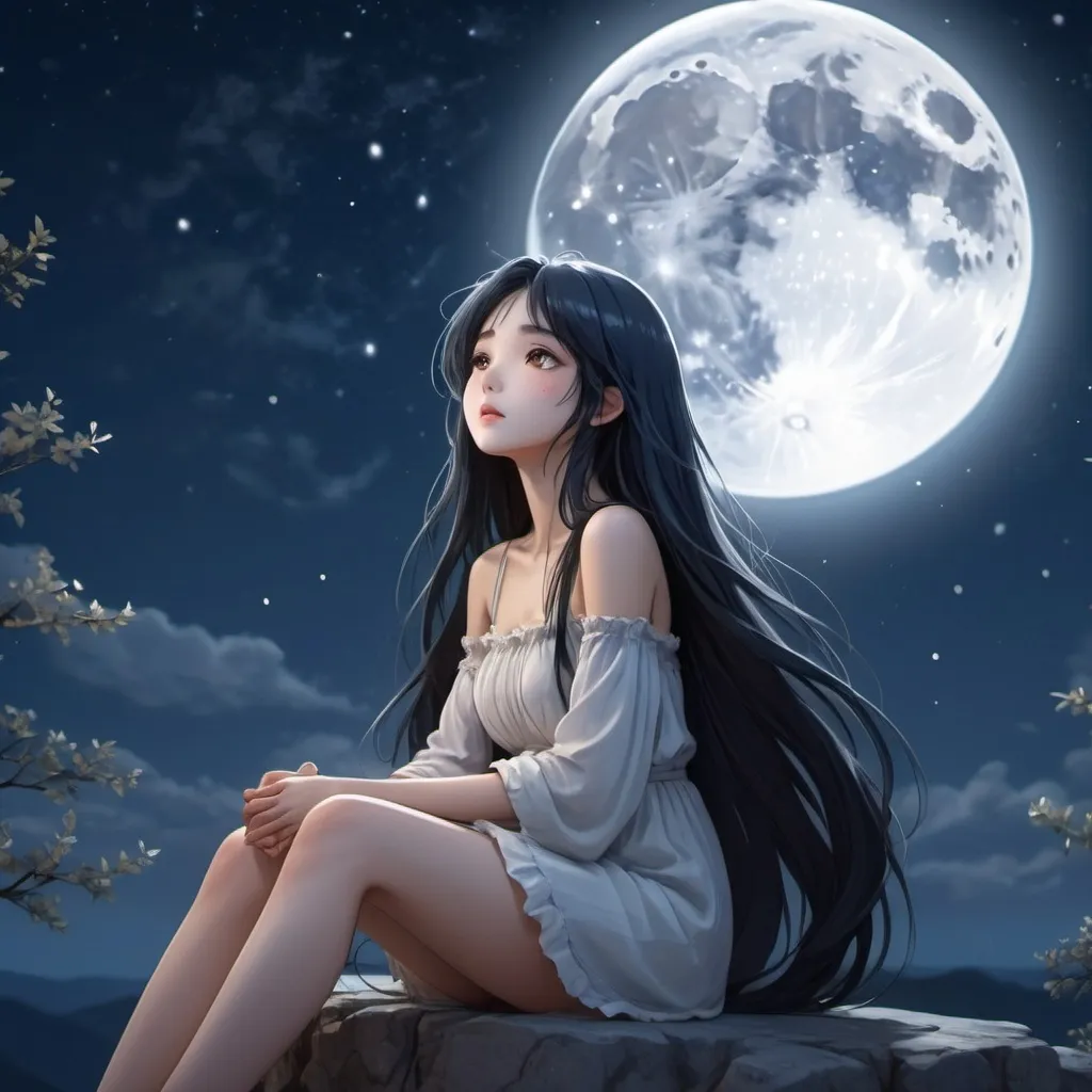 Prompt: Anime girl with long black hair and sitting in front of a full moon gazing up into the stars