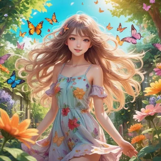 Prompt: (Girl), youthful, vibrant expression, flowing hair, playful pose, colorful clothing, surrounded by a whimsical garden, bright blooms and butterflies, soft and warm sunlight filtering through the leaves, dreamy and cheerful atmosphere, high detail, ultra-HD quality.In anime style