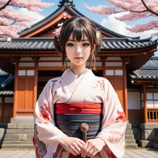 Prompt: Anime drawing girl wearing ancient kimono in front of an ancient japenese building
