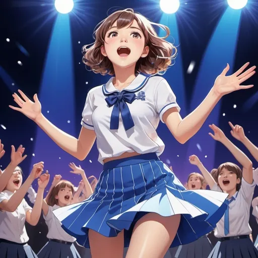 Prompt: Manga style girl wearing blue and white top and skirt preppy outfit on a stage singing