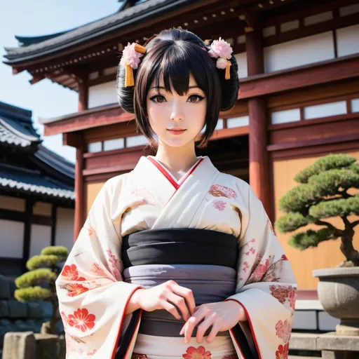 Prompt: Anime girl wearing ancient kimono in front of an ancient japenese building