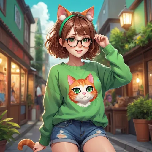 Prompt: Anime girl with green jumper and shorts and cat ears with brown hair and glasses