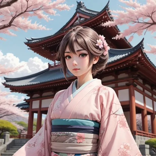 Prompt: Anime drawing girl wearing ancient kimono in front of an ancient japenese building