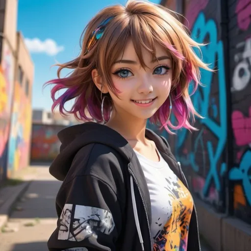 Prompt: (detailed anime character), cool teen girl, sparkling eyes, stylish outfit with unique accessories, vibrant colors, flawless complexion, confident pose, expressive facial features, engaging smile, dynamic hair movement, set against an urban backdrop, graffiti-covered wall, bright sunlight casting dramatic shadows, (4K resolution), ultra-detailed, captivating and youthful atmosphere.