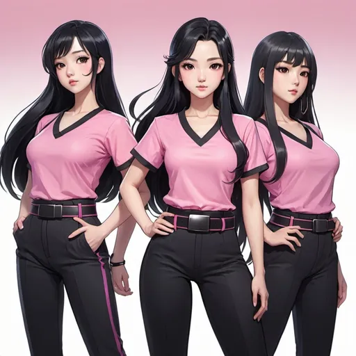 Prompt: 3 woman with long black hair wearing a pink top and black pants with a black belt and a pink top with a black belt, Fan Qi, synchromism, purple, concept art they are singing and look all slightly different in anime style