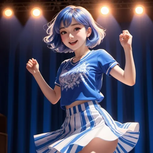 Prompt: Manga style girl wearing blue and white top and skirt outfit on a stage 