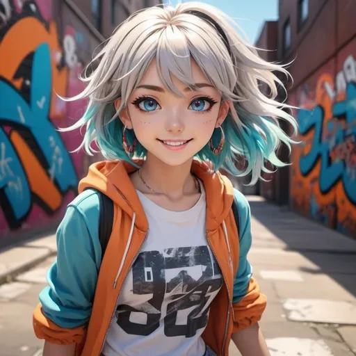Prompt: (detailed anime character), cool teen girl, sparkling eyes, stylish outfit with unique accessories, vibrant colors, flawless complexion, confident pose, expressive facial features, engaging smile, dynamic hair movement, set against an urban backdrop, graffiti-covered wall, bright sunlight casting dramatic shadows, (4K resolution), ultra-detailed, captivating and youthful atmosphere.