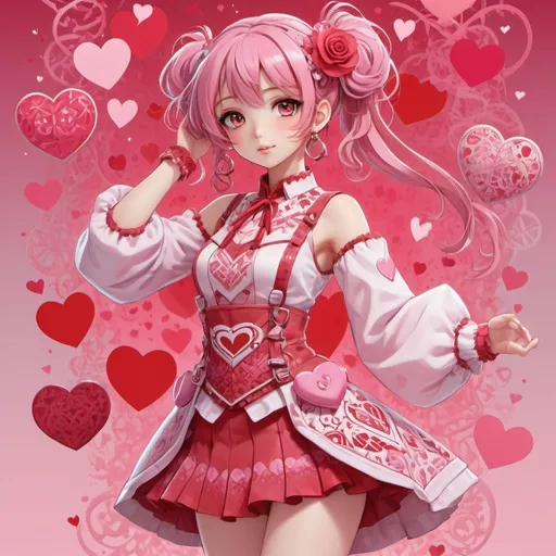 Prompt: (Anime girl), Valentine’s themed outfit, (vibrant pinks and reds), cool color scheme, intricate patterns and heart motifs, playful pose, enchanting expression, softly glowing background, dreamy ambiance, (highly detailed), showcase of artistic features, stylish accessories, splashes of contrasting colors to elevate visual appeal.