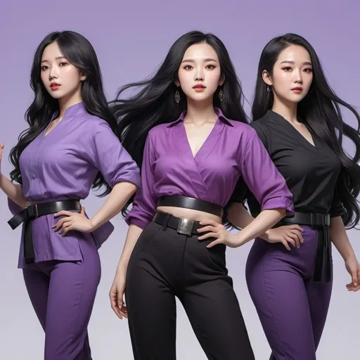 Prompt: 3 woman with long black hair wearing a purple top and black pants with a black belt and a purple top with a black belt, Fan Qi, synchromism, purple, concept art they are singing and look all slightly different