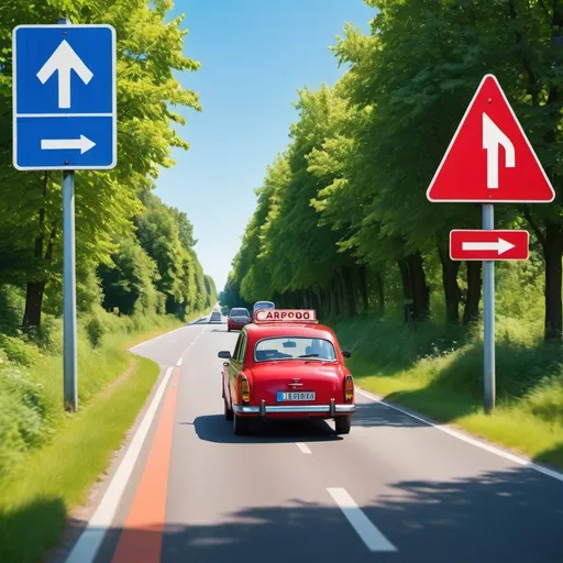 Prompt: carpool 
red car with one driver
3 people behind car
tree in background
roadsign THISTED to the left
roadsign AARHUS to the right