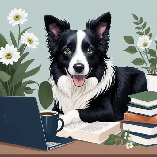 Prompt: Pattern, cute black and white border collies, silver laptops, cute  flowers, green  leaves, dark blue eyeglasses, books, coffee mugs, 2 D, flat design,  pattern, 