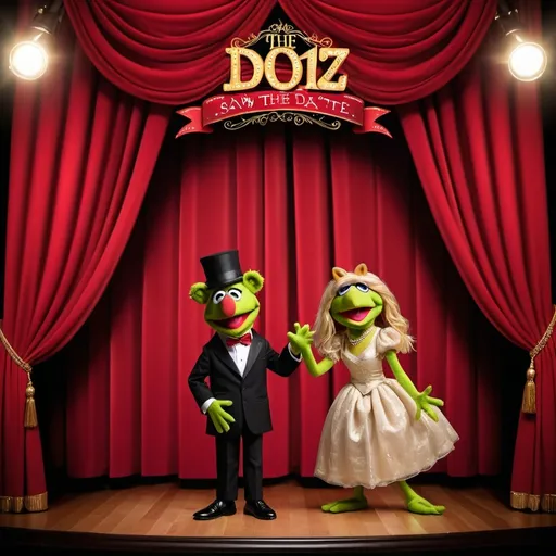 Prompt: 
the muppets show save the date for elegant graduation theater with red curtains and gold accents


