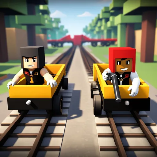 Prompt: Two roblox minecarts on rails side by side with 1 roblox character in each cart holding a roblox gun