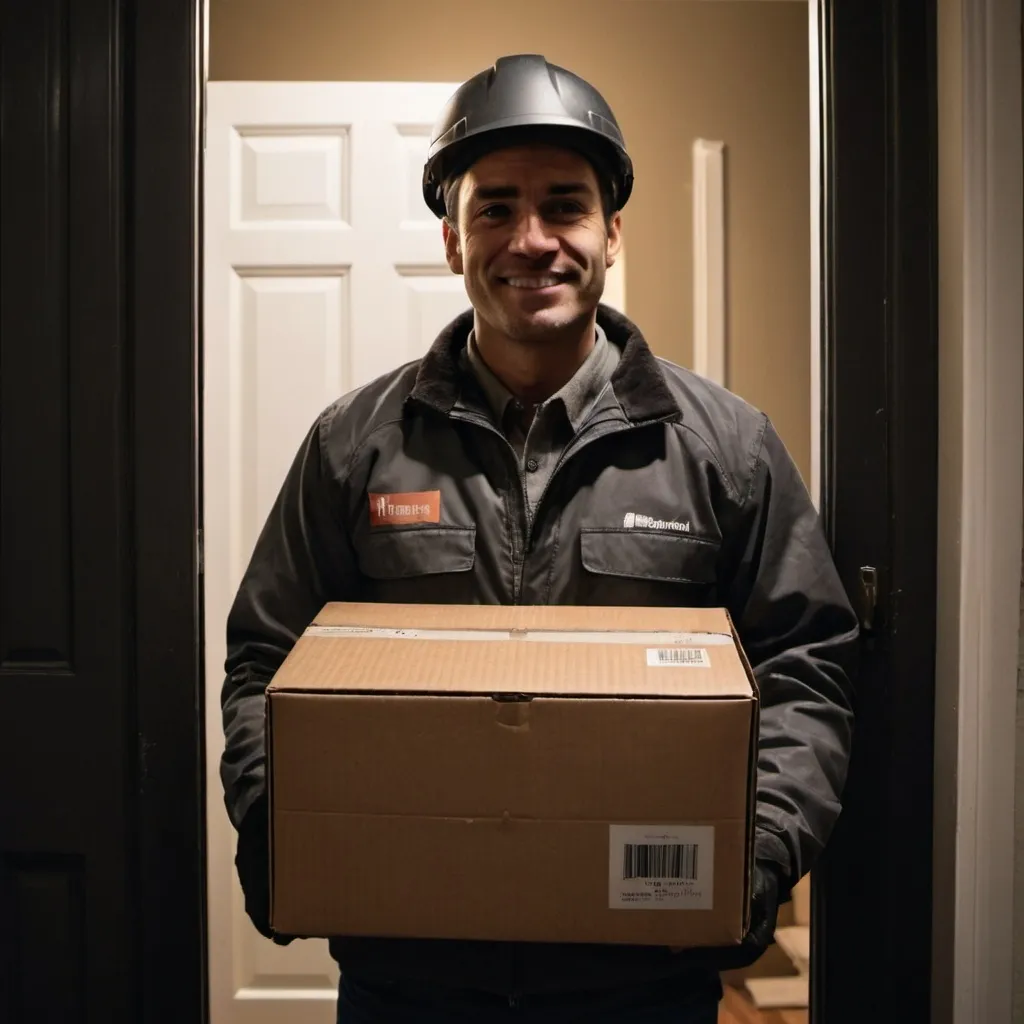 Prompt: a man, package delivery courier, wearing a helmet, and a company jacket, standing in front of a door at the night, holding a medium-sized package or box. The company jacket is dirty and torn. The man has a mysterious smile and an intimidating, sharp gaze.