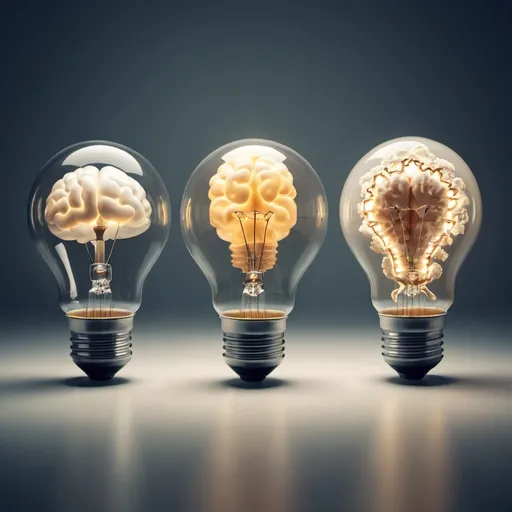 Prompt: 3 light bulbs. A different image inside each, one lightbulb stands for today, one means for tomorrow and one for the future. A brain inside of the one for today, a gear for inside the one for tomorrow, and a rocket inside the one for the future.
