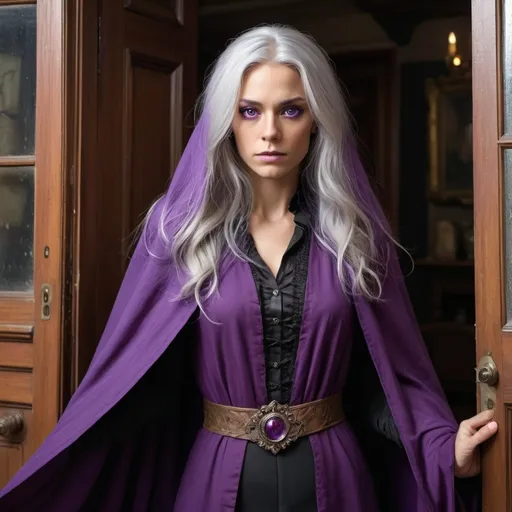 Prompt: Cranlaw, aged 31, has long silver hair, tan skin and purple eyes.  She wears a long flowing purple cape over a purple tunic and black pants.  She stands in the doorway of a Victorian style parlor, her face full of murderous rage.   Someone has just harmed her family beyond repair and Cranlaw wants to see justice done.  