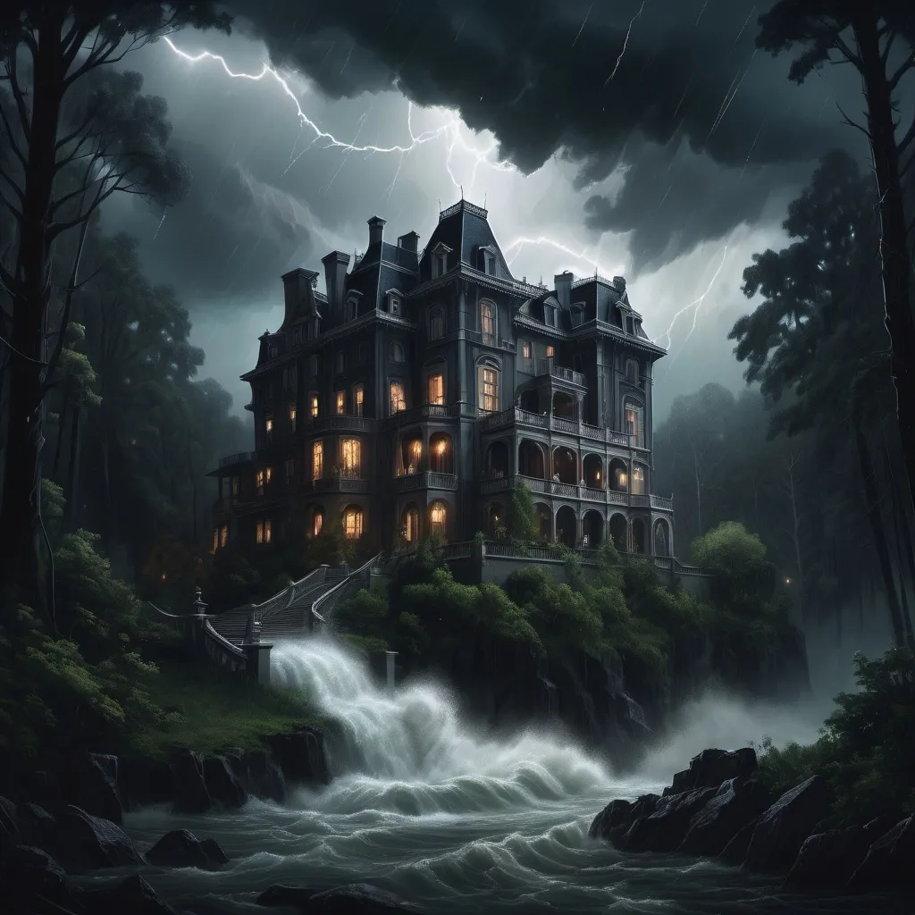 Prompt: A dark stormy night in a forest with a huge mansion with a balcony overlooking an enormous silver river that sparkles as it rages in the storm.