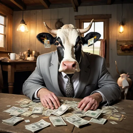 Prompt: Picture of a cow wearing a blanket with dollar notes is being milked by a bald bespectacled man in a grey suit and tie