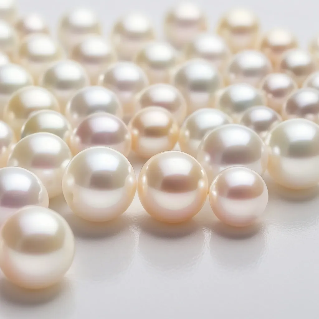 Prompt: transparent and blurred image of loose  small size white South Sea pearls, upper left to lower right side, soft elegance in texture and light reflection, (ambient atmosphere), transparent background, gentle luminosity, background purposes, zoomed out,  soft color tones, high-quality photography, 