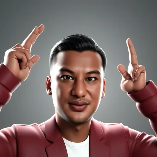 Prompt: standing handsome indonesian man, dark red jacket, white t-shirt, ((waving)), (saying hello), developer, faces to us, 3d render, pixar style, detailed digital art, stylized 3d render, c4d, full height, high quality, composition, masterpiece, artstation, solid background