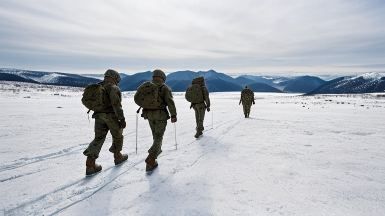 Prompt: walking marines on frozen slope