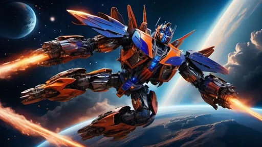 Prompt: Transformer starship jumping out warp speed, heading for earths atmosphere.
