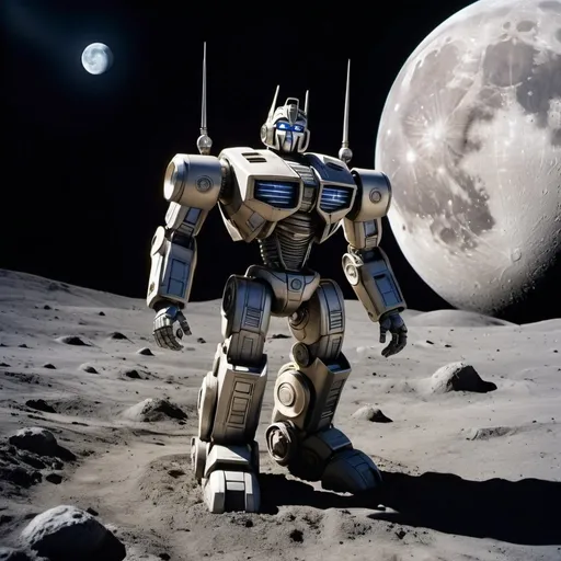 Prompt: the movie scene is set on the moon. on its surface (near the darkside) lies a robot like sculpture, burried waist-down, in the surface of the moon. The sculpture is extending its arm, pointing to a specific system of stars. the sclupture appears to be there for millenia (you can see the ware of space on its body) the sclupture holds a marking, resembling a transformer but its neither an autobot or a dicepticon. this new emblym can be still seen  