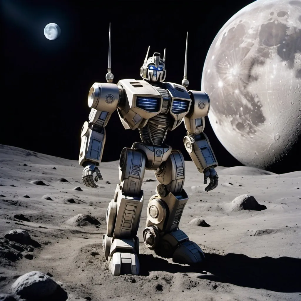 Prompt: the movie scene is set on the moon. on its surface (near the darkside) lies a robot like sculpture, burried waist-down, in the surface of the moon. The sculpture is extending its arm, pointing to a specific system of stars. the sclupture appears to be there for millenia (you can see the ware of space on its body) the sclupture holds a marking, resembling a transformer but its neither an autobot or a dicepticon. this new emblym can be still seen  