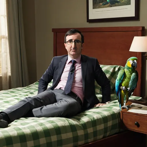 Prompt: John Oliver laying in a chequered bed with a parrot 