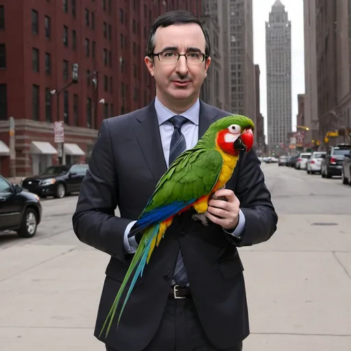 Prompt: John Oliver on a romantic trip to Detroit with a parrot 