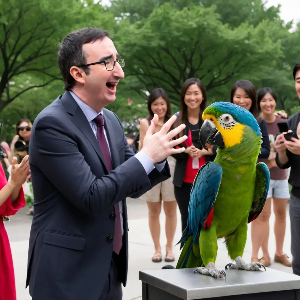 Prompt: John Oliver proposing to a parrot who says yes in Detroit in front of a group of asian tourists