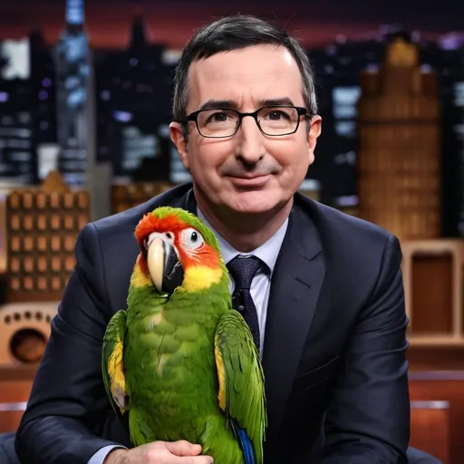 Prompt: John Oliver cuddling a parrot 