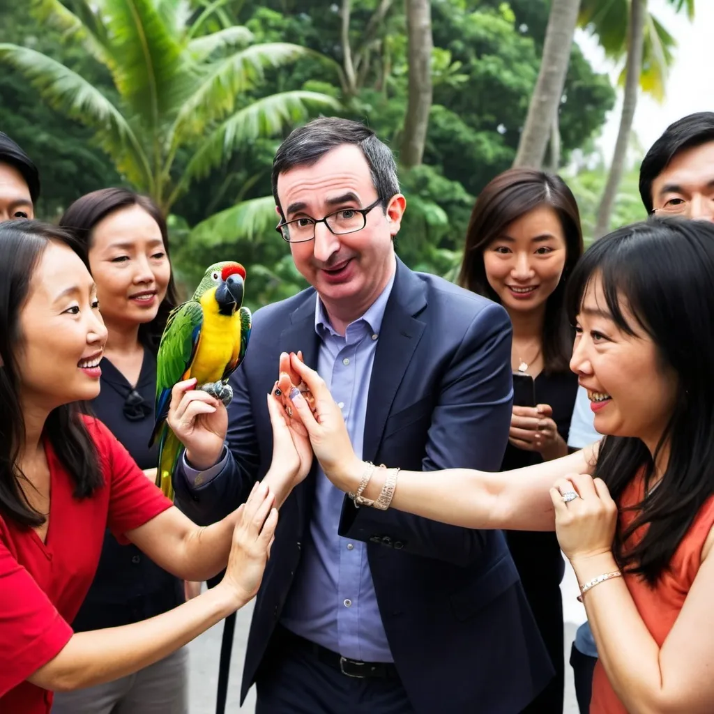 Prompt: John Oliver putting an engagement ring onto the claws of a parrot in front of a hysterical group of asian tourists