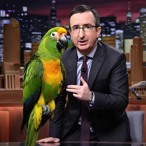 Prompt: John Oliver taking his jacket off while having eye contact with a parrot 